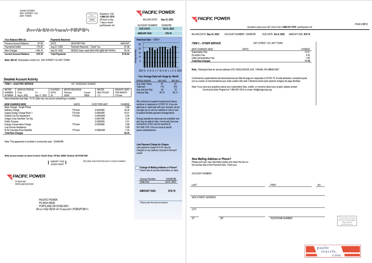 USA Pacific Power utility bill, Word and PDF template, 2 pages